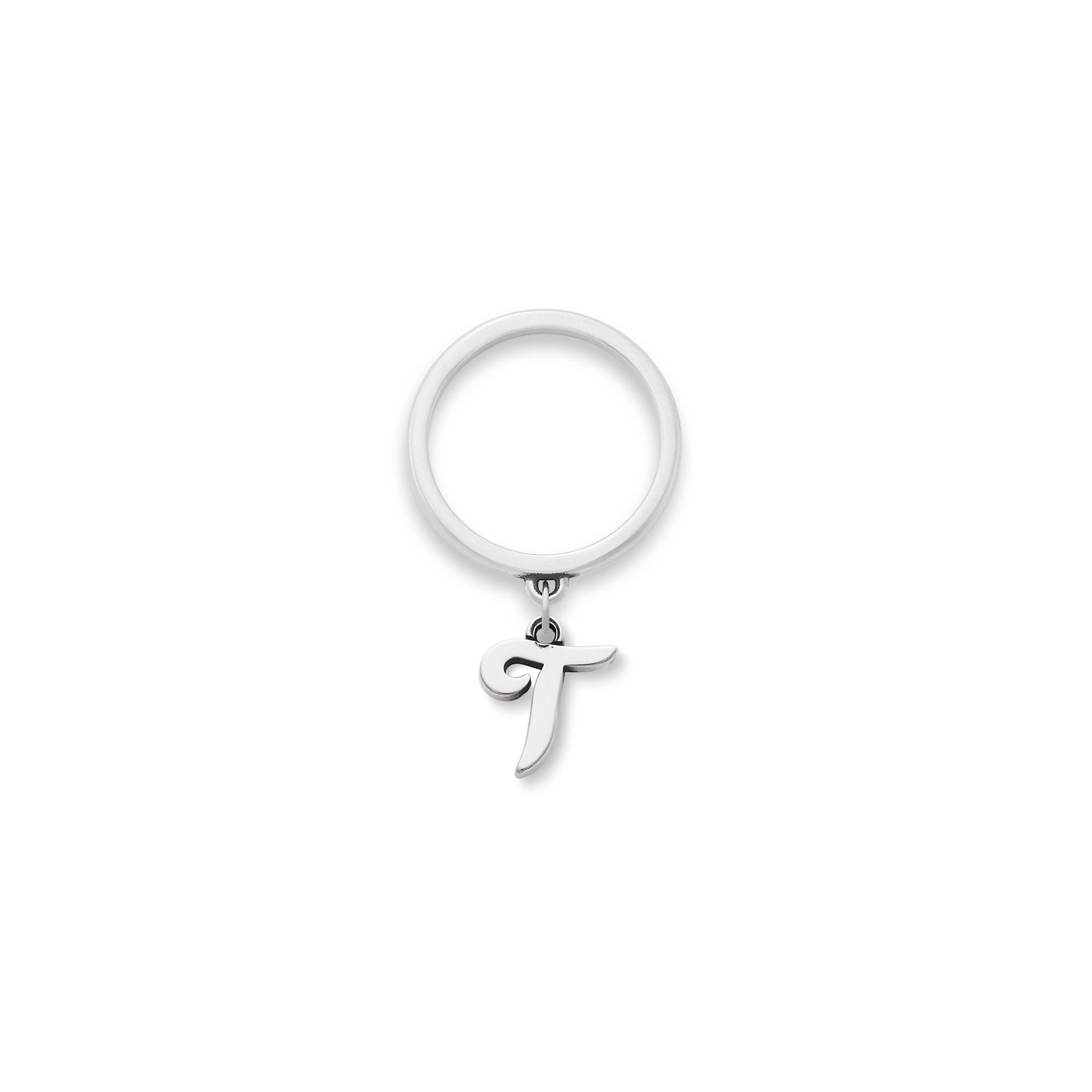 Small Script Initial Charm Dangle Ring